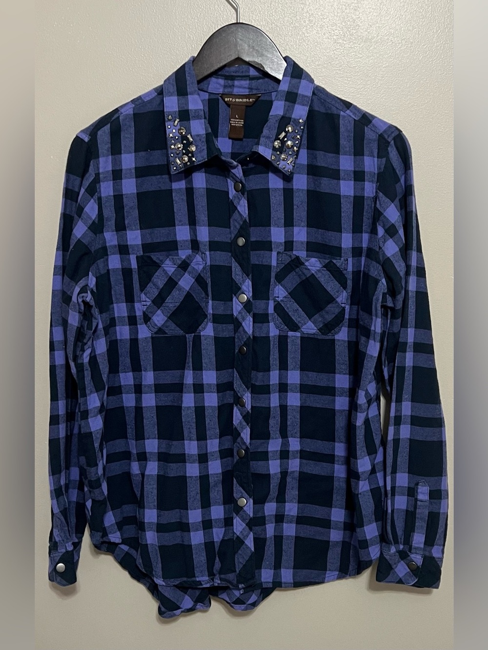 Bit & Bridle Long Sleeve Snap Front Purple/Black Plaid Shirt Size Large